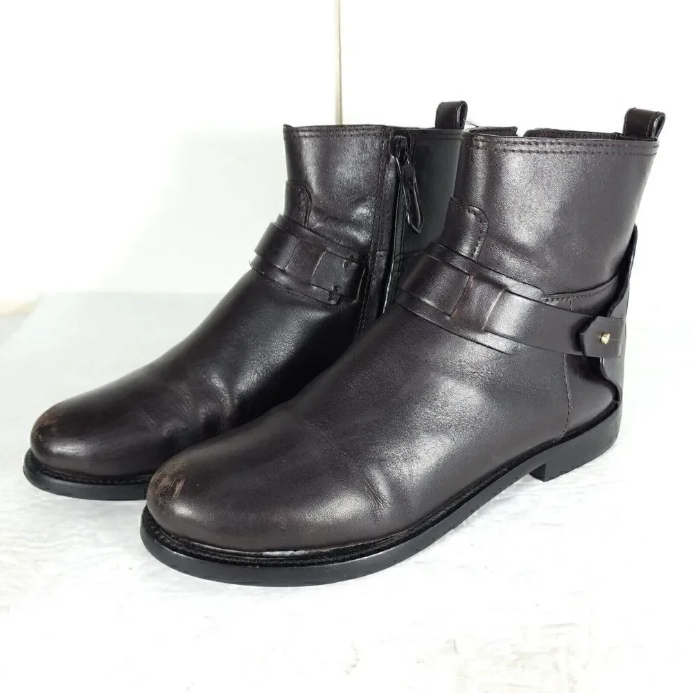 Tory Burch Women's Derby US 6M Brown Leather Flat Ankl Chelsea Bootie Boots